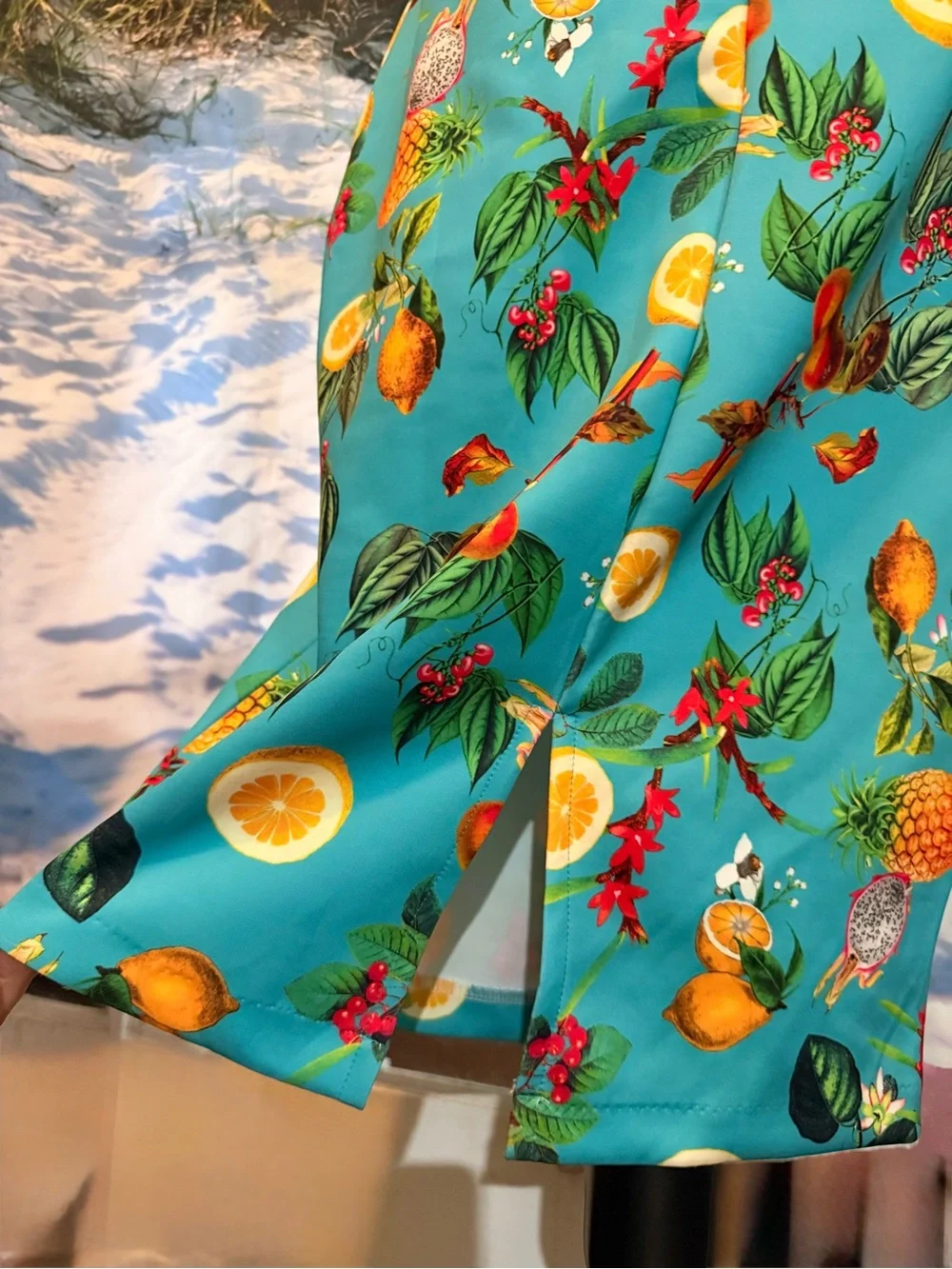 New York & Company Turquoise Pineapple & Citrus Print Midi Dress